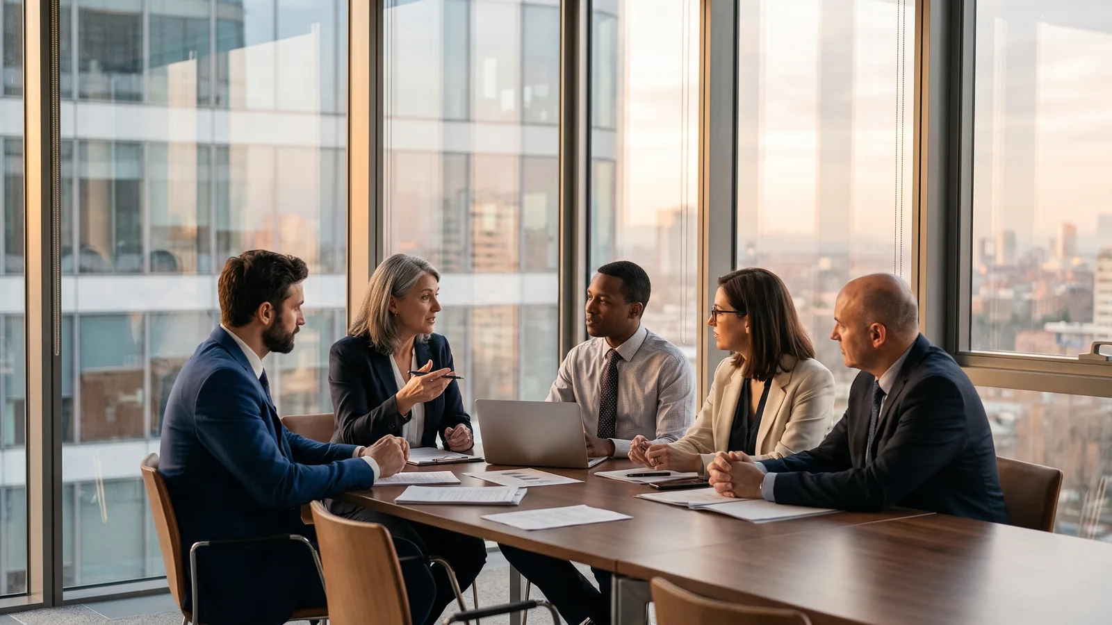 Five supervisory board members in discussion in a glass meeting room in late-afternoon light