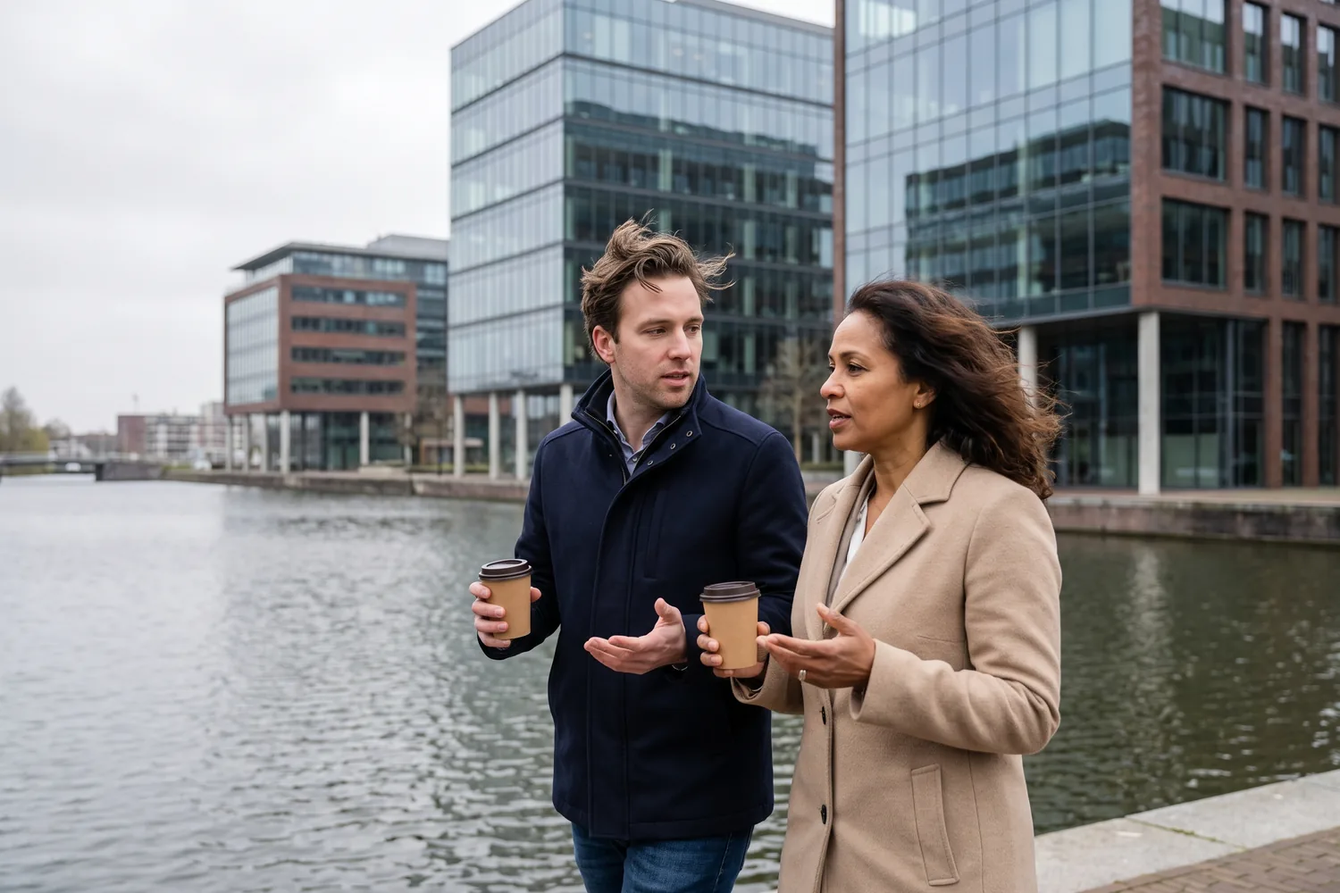 A founder and an executive walk along a quayside business park, carrying coffees under a grey sky