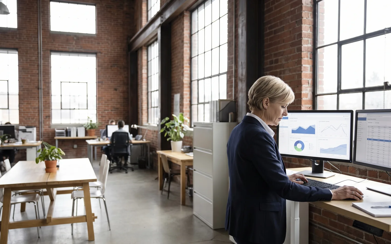 An executive at a standing desk in a converted warehouse office, dashboards on the screens