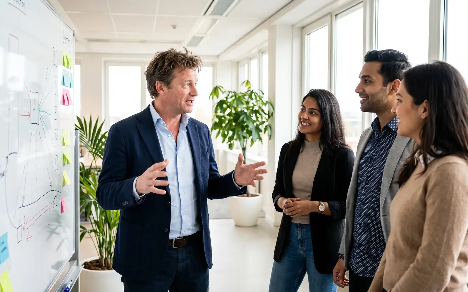 An executive at a whiteboard with a team in a bright open-plan office