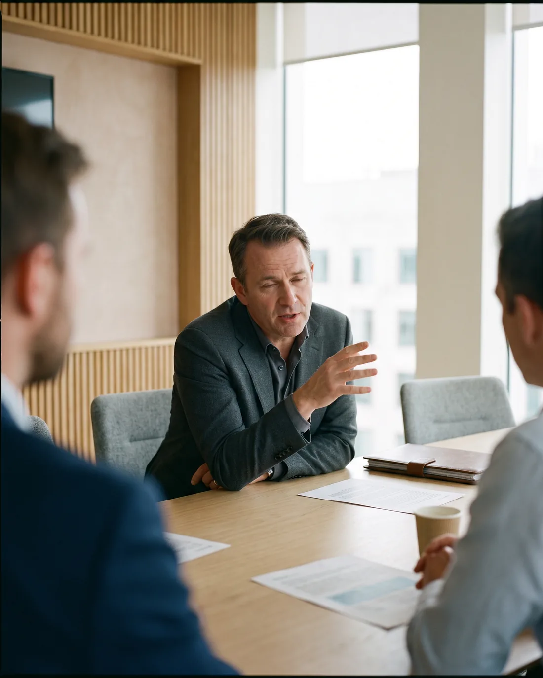 A senior CRO reviewing the work in a calm Amsterdam boardroom