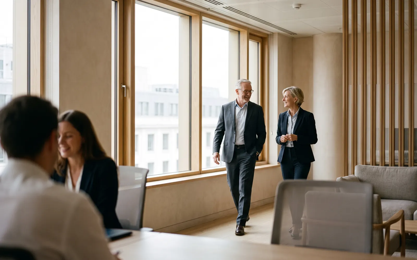 A senior executive looking out over the Amsterdam skyline