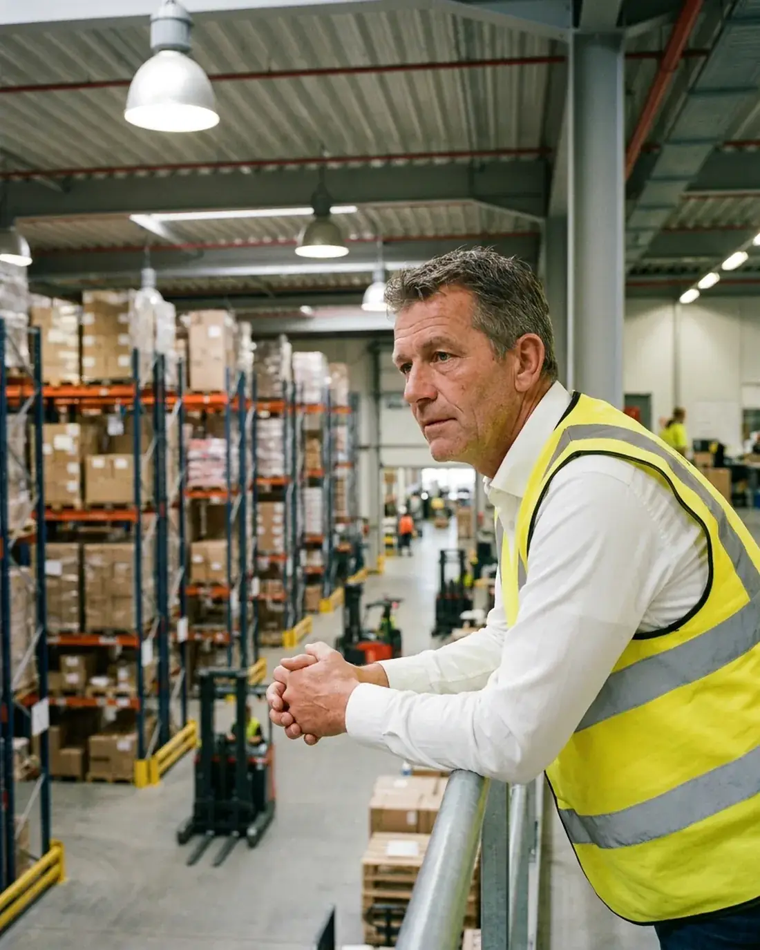 A chief operating officer in a hi-vis vest on a distribution-centre mezzanine above tall racking